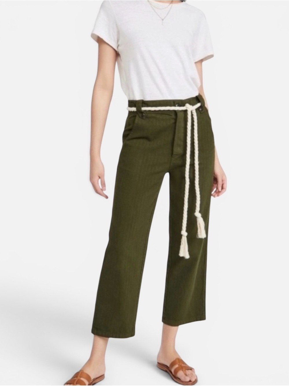 The Great The Highwaist Trouser Cropped Pant Rope Belt Army Green Size 26 New!